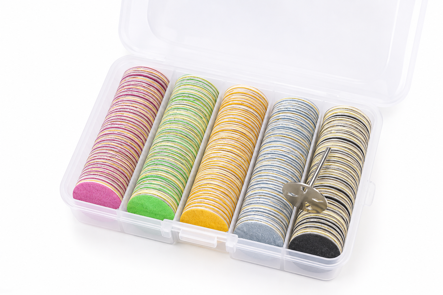 Set de rezerve abrazive autoadezive pentru pedichiura Pododisc de 25mm, cu disc metalic organizate pe 5 culori in functie de granulatie, intr-o cutie transparenta de plastic.