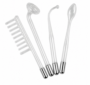 Electrozi din sticla pentru electroderm cosmetic profesional, set complet cu cap pieptene, cap ciuperca, cap lingura si cap punctiform pentru tratamente faciale, capilare si proceduri estetice profesionale.