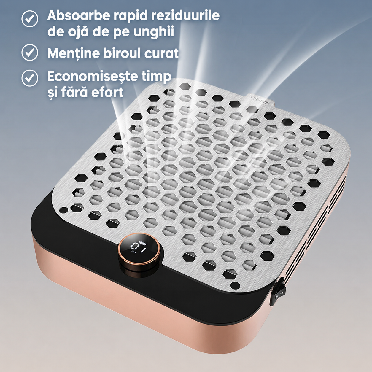 Praf Unghii Profesional Blueque 858-18 | 60W | Reincarcabil intr-un infografic cu sageti ce ilustreaza absorbtia puternica a prafului de unghii direct prin grila superioara.