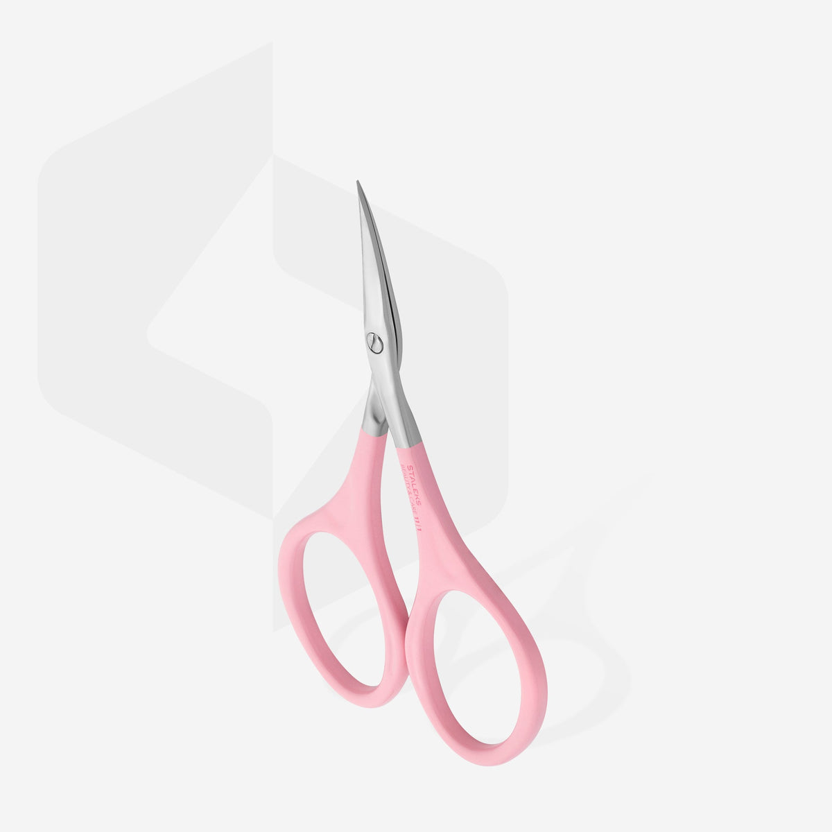 Forfecuță pentru cuticule STALEKS SBC-11/1, cu mânere ergonomice roz, inele mărite și lame îngustate ușor curbate, prezentată integral pe fundal deschis.