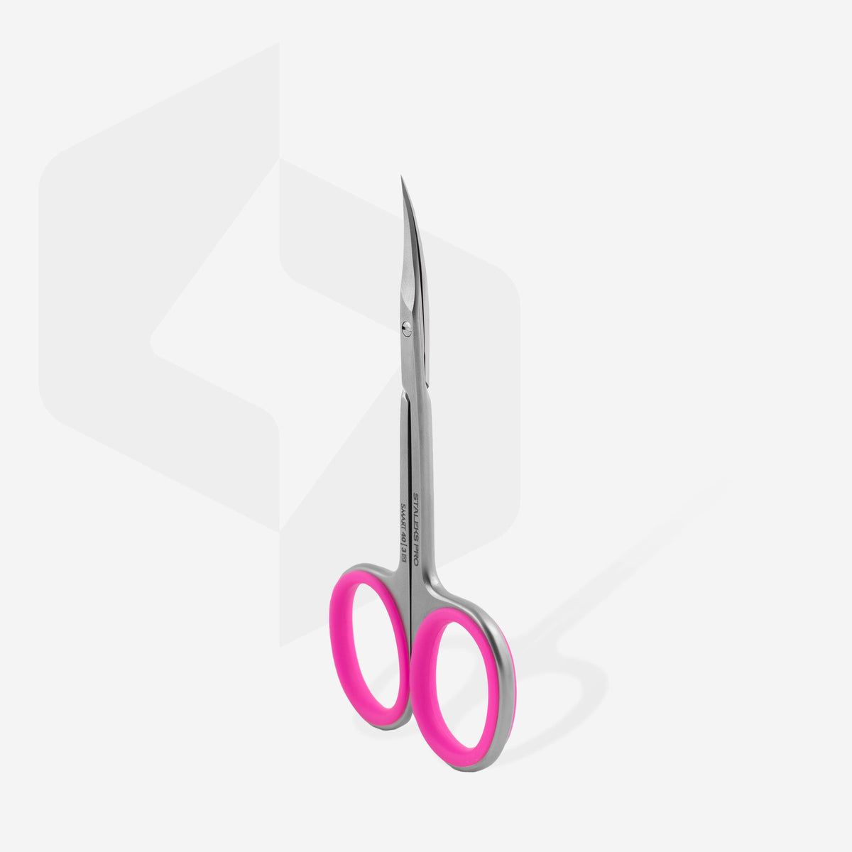 Forfecuță pentru cuticule STALEKS SMART SS-40/3, cu mânere drepte alungite, inele cu silicon roz și lame fine curbate, prezentată integral pe fundal deschis.