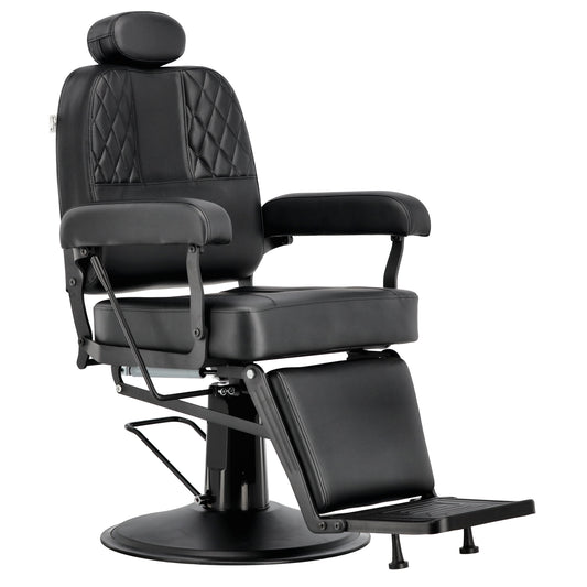 Fotoliu barber profesional Nestor negru cu pompa hidraulica, suport pentru picioare si design premium pentru salon de frizerie
