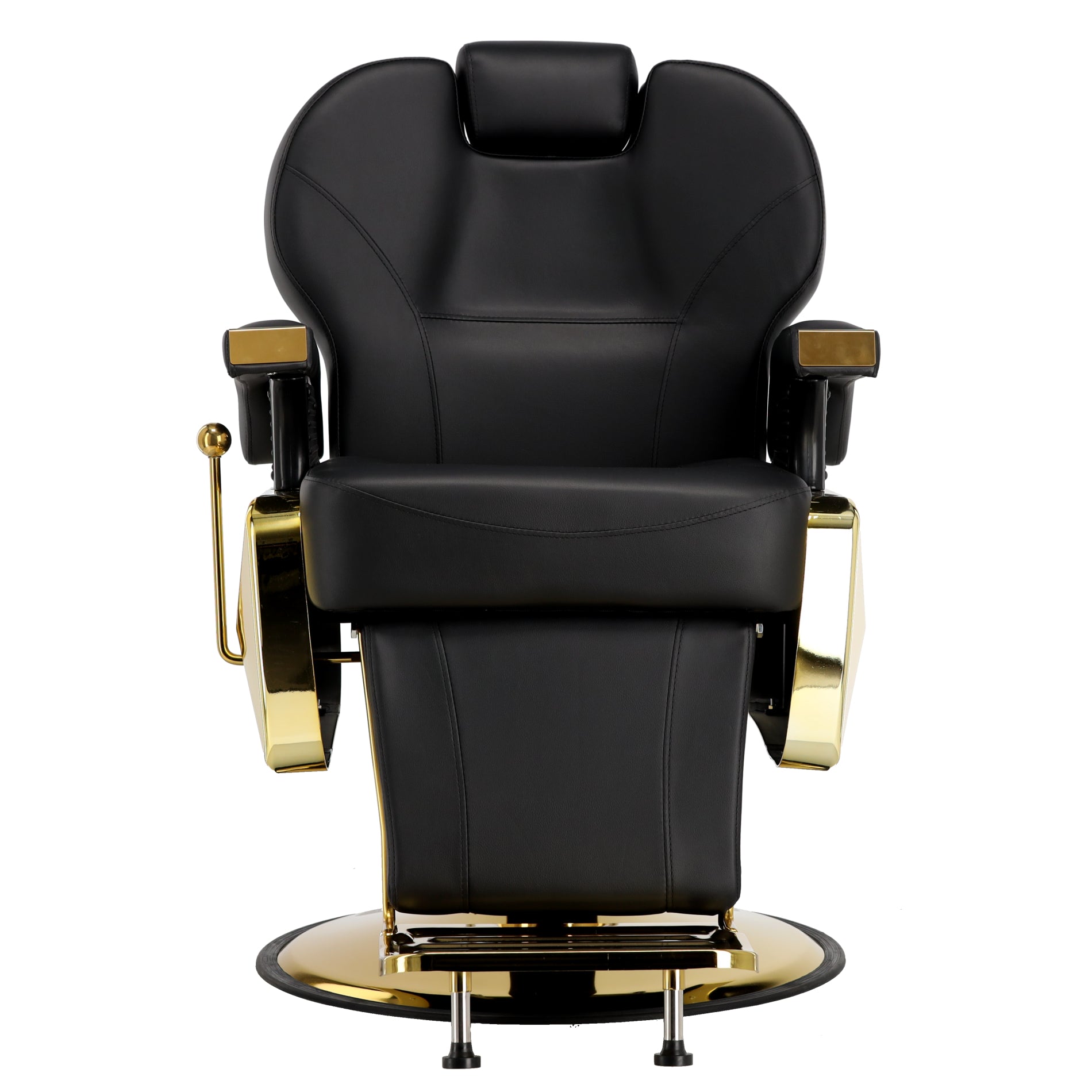 Fotoliu barber profesional Richard Gold vedere frontală cu bază aurie și suport pentru picioare extensibil