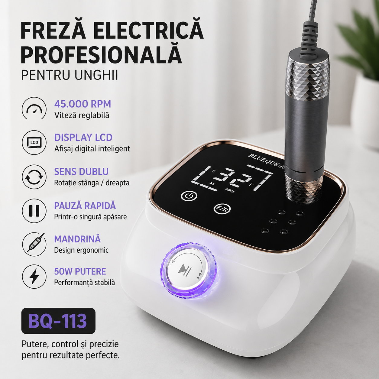 Freza electrica profesionala pentru unghii BQ-113, 45.000 RPM, ideala pentru gel, polygel si oja semipermanenta
