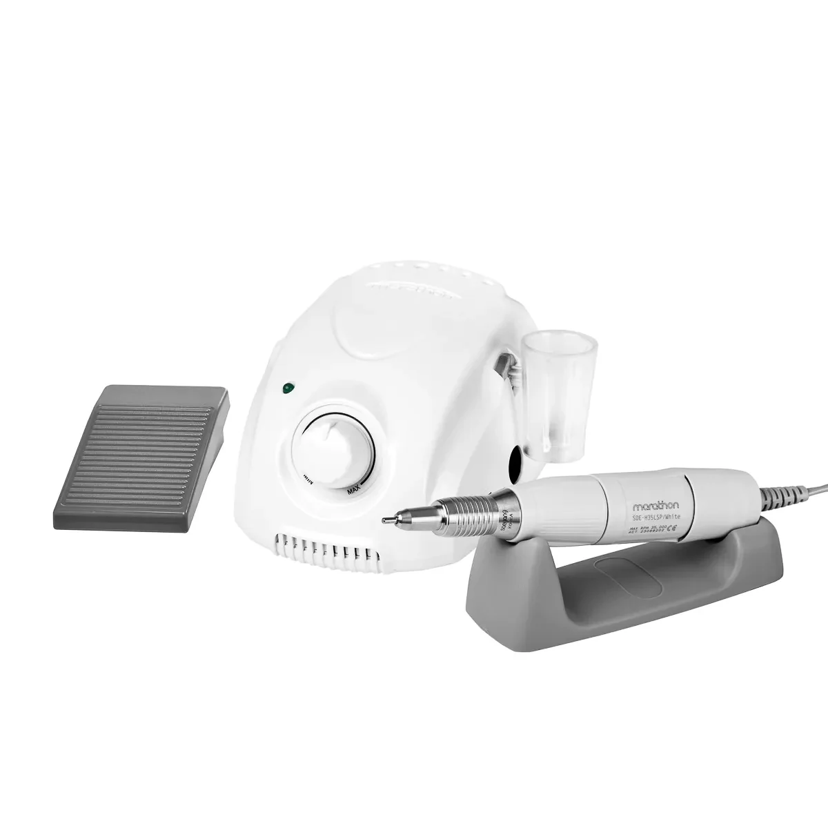 Kit complet freza electrica profesionala BTMarathon 3 Champion format din unitatea centrala alba, mandrina metalica Twist-Lock pe suport gri si pedala de picior, prezentate pe fundal alb.