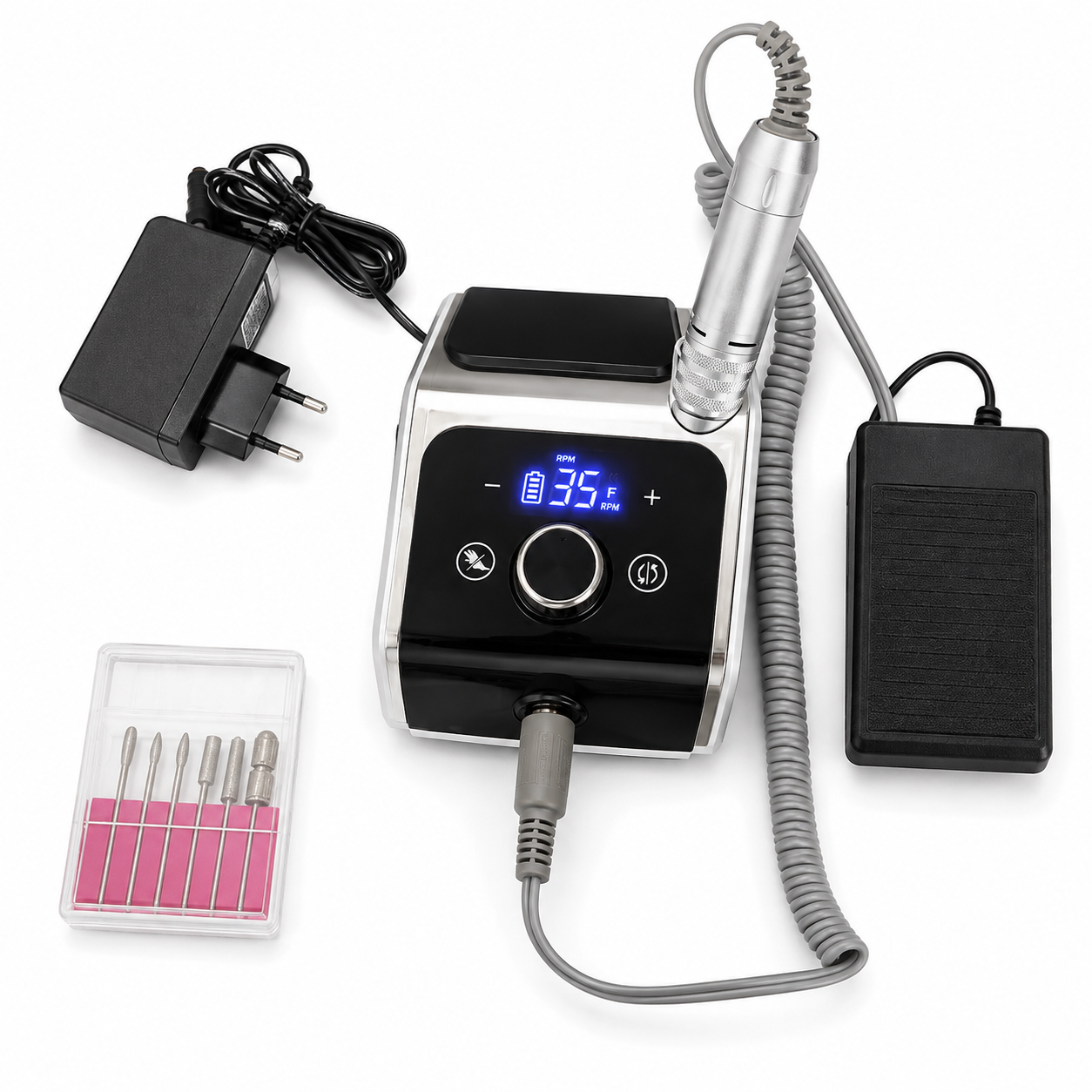 Set freză electrică BQ-758 cu mandrină, pedală, adaptor și capete abrazive