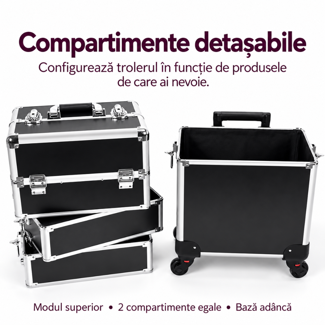 Cele patru compartimente detasabile ale gentii troler make-up negre: modul superior inchis cu maner de transport, doua compartimente intermediare egale cu insertii din spuma si baza adanca separata pe roti, pentru organizarea cosmeticelor si aparaturii beauty.
