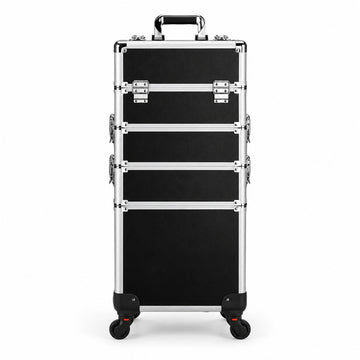 Geanta troler profesionala pentru make-up si manichiura, neagra, vedere frontala, cu 4 compartimente detasabile, rama metalica argintie, colturi protejate, maner superior si roti pivotante detasabile pentru transportul cosmeticelor si accesoriilor beauty.
