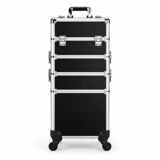 Geanta troler profesionala pentru make-up si manichiura, neagra, vedere frontala, cu 4 compartimente detasabile, rama metalica argintie, colturi protejate, maner superior si roti pivotante detasabile pentru transportul cosmeticelor si accesoriilor beauty.