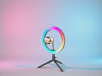 Ring Light LED RGB, Lampa circulara color 26cm, cu stativ de masa si suport telefon