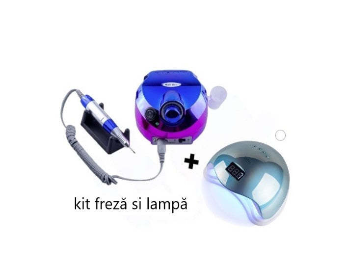 Kit - freză unghii 65w, lampa UV/LED 48w - Albastru chameleon/oglinda