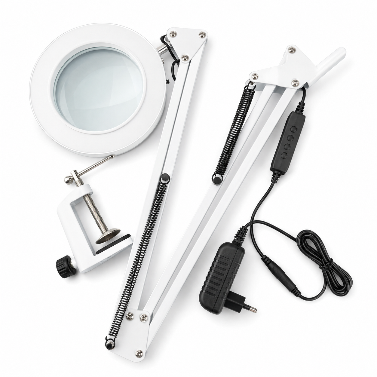 Lampă cosmetică cu lupă LED Glow albă, cu braț articulat, clemă și adaptor