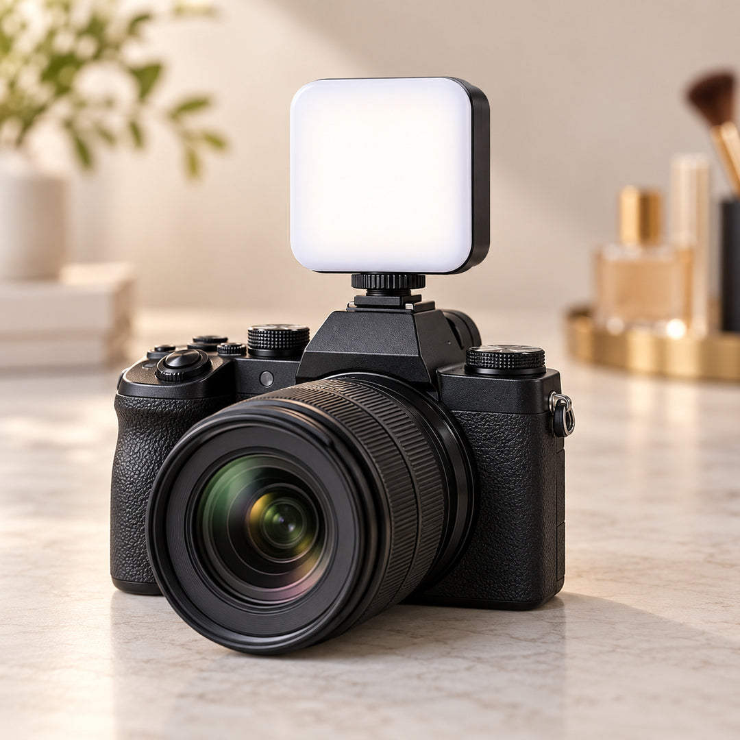 Lampă LED foto-video montată pe patina unui aparat foto, cu panou difuzor aprins pentru iluminare continuă la fotografii de produs și filmări.