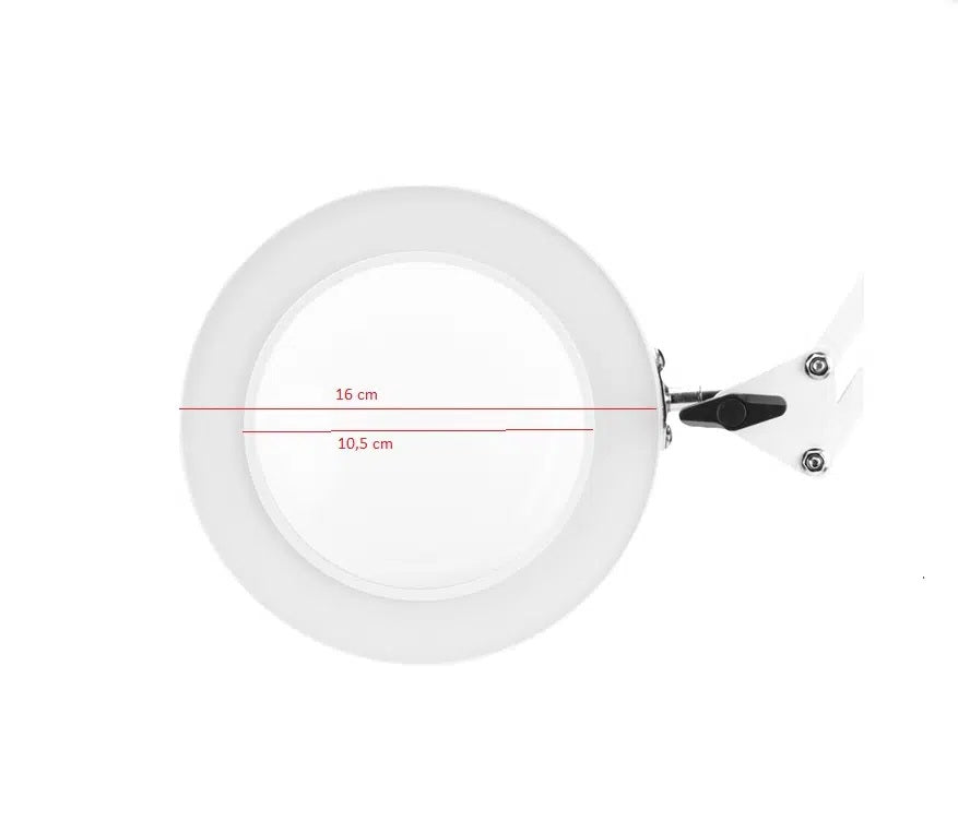 Dimensiunile lămpii Glow albe: cap de 16 cm și lentilă de 10,5 cm