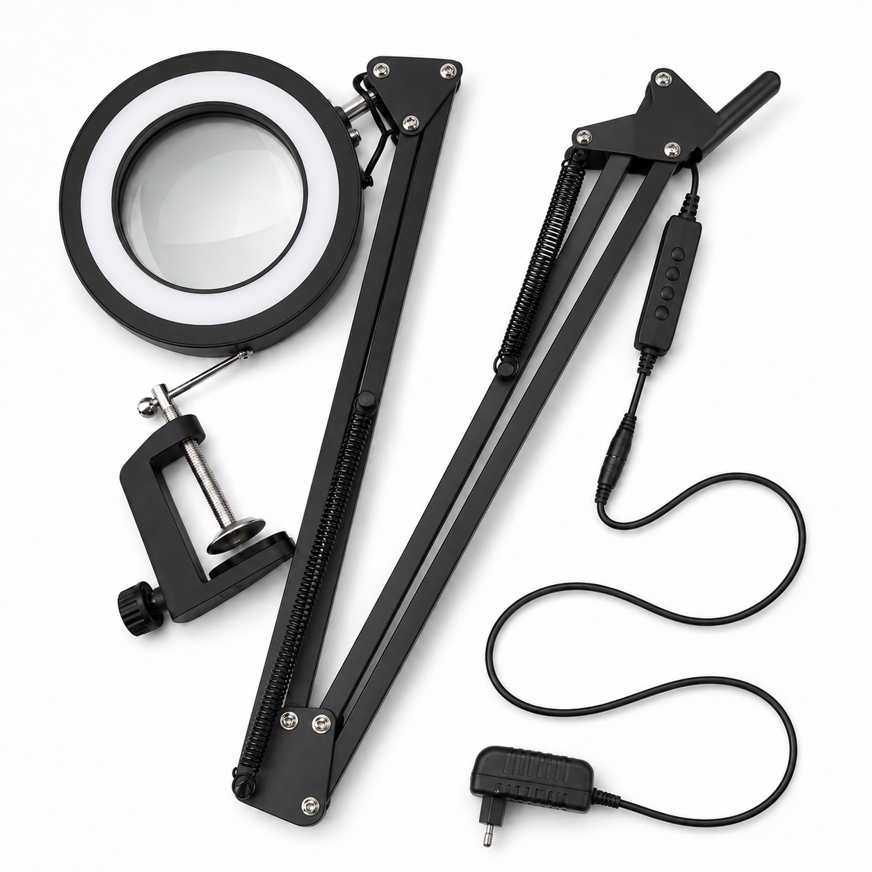 Lampă cu lupă LED Glow neagră, cu braț articulat, clemă, control și adaptor