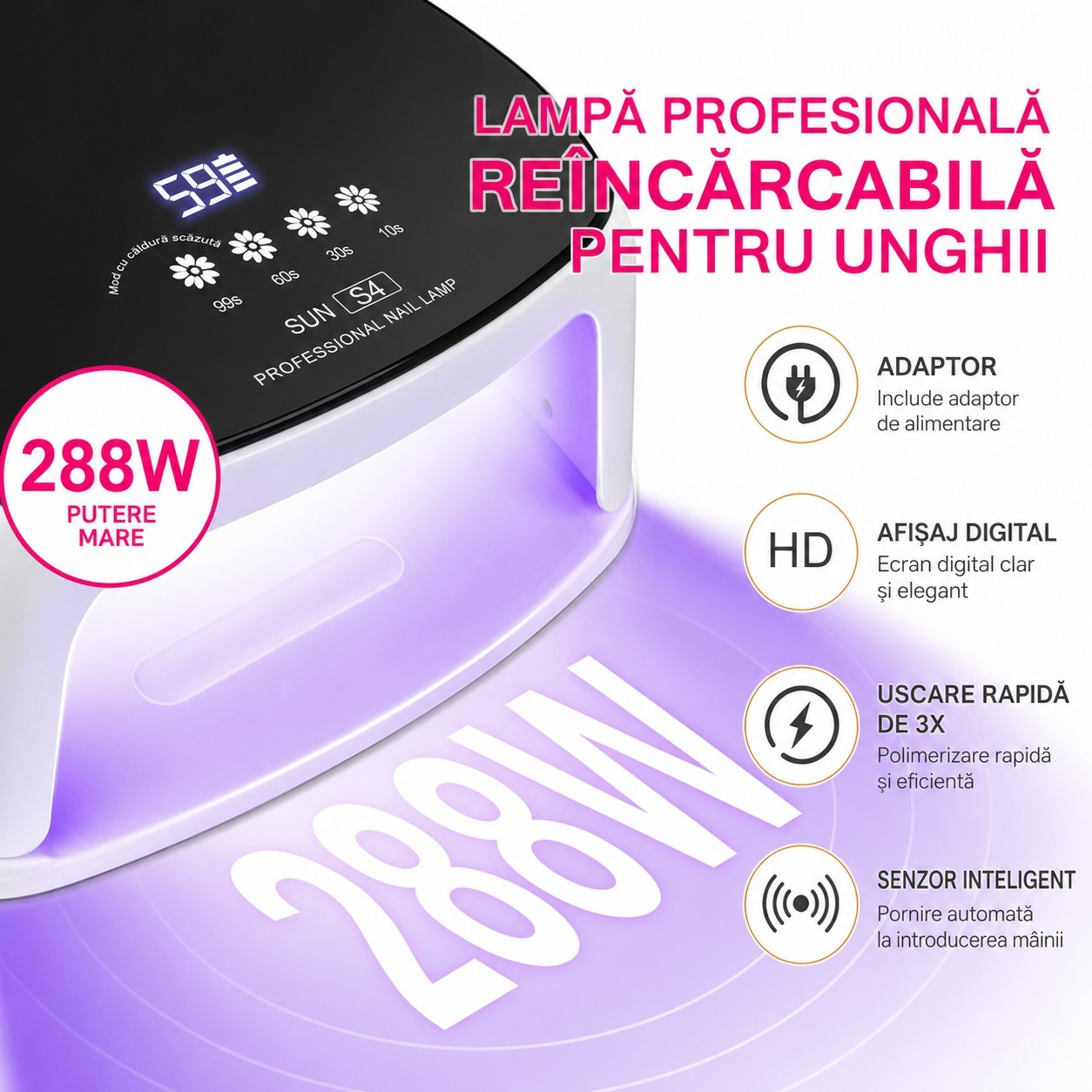 Infografic cu caracteristicile lampii SUN S4: putere 288W, baterie reincarcabila, 66 LED-uri si senzor inteligent de miscare.