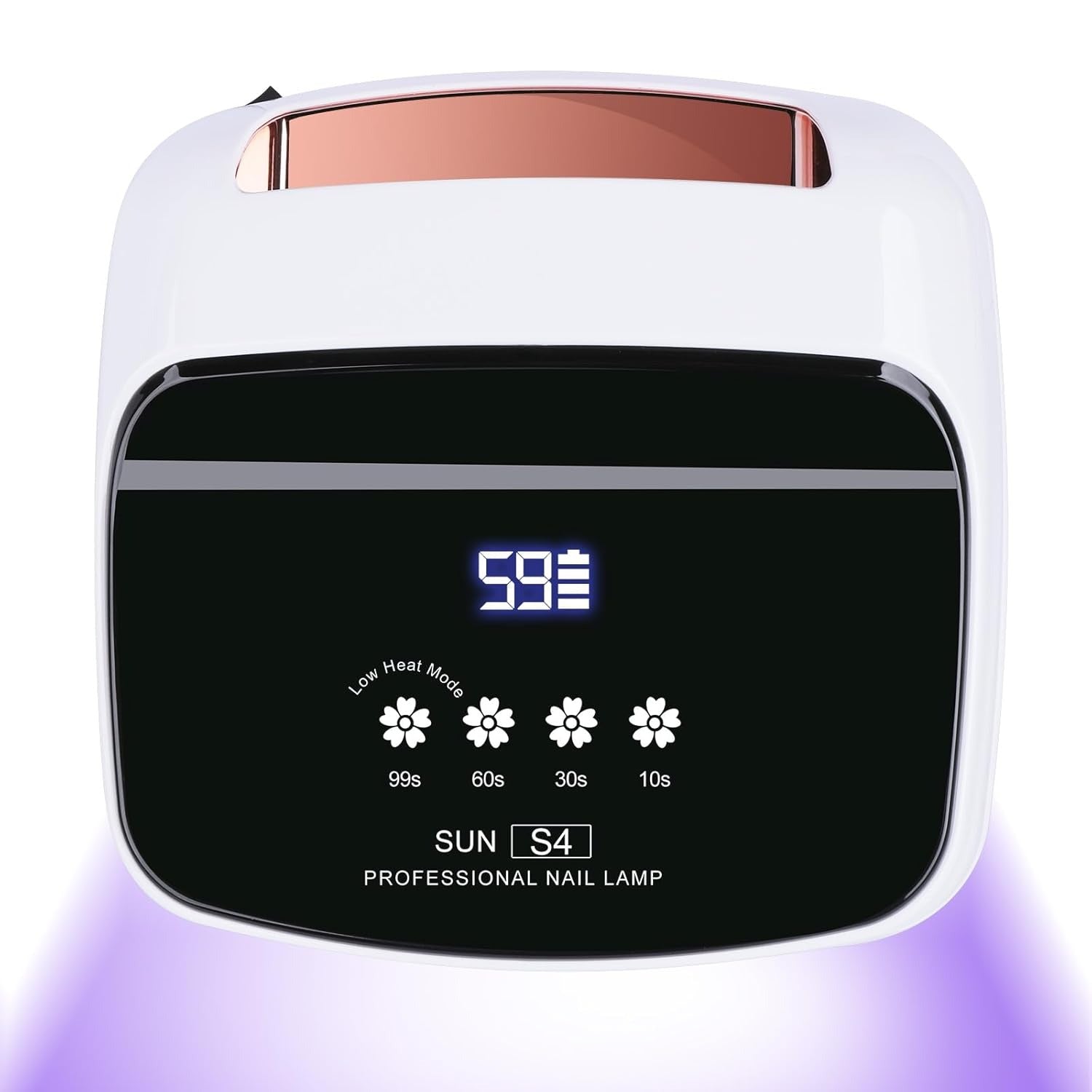 Vedere frontala a lampii pentru unghii SUN S4 288W, evidentiind afisajul LED, butoanele tactile si lumina UV violet.