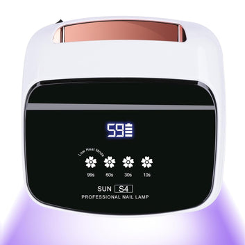 Vedere frontala a lampii pentru unghii SUN S4 288W, evidentiind afisajul LED, butoanele tactile si lumina UV violet.