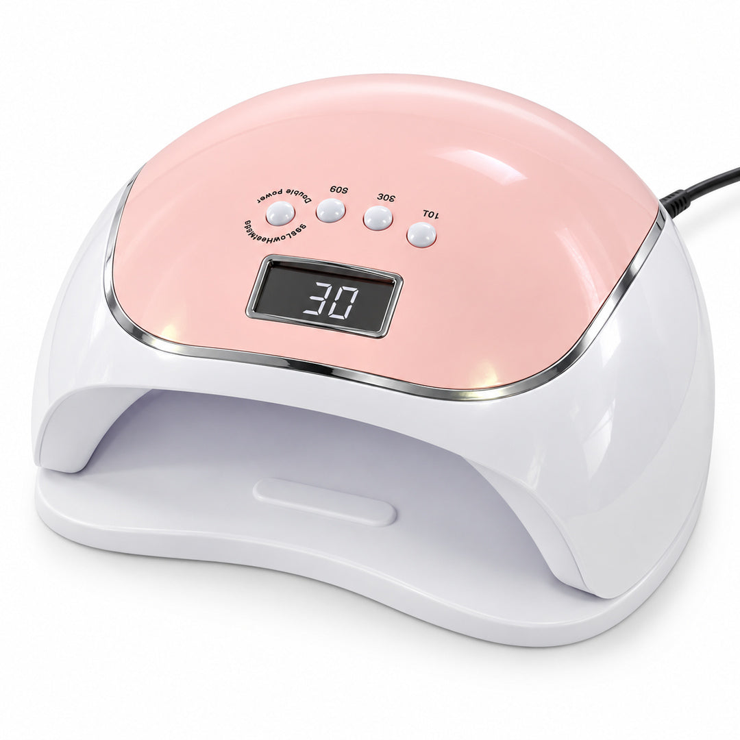 Lampă de manichiură BQ V5, 120W, albă și roz, fotografiată din unghi, cu afișaj digital indicând 30 de secunde, deschidere frontală curbată și cablu de alimentare conectat în spate.