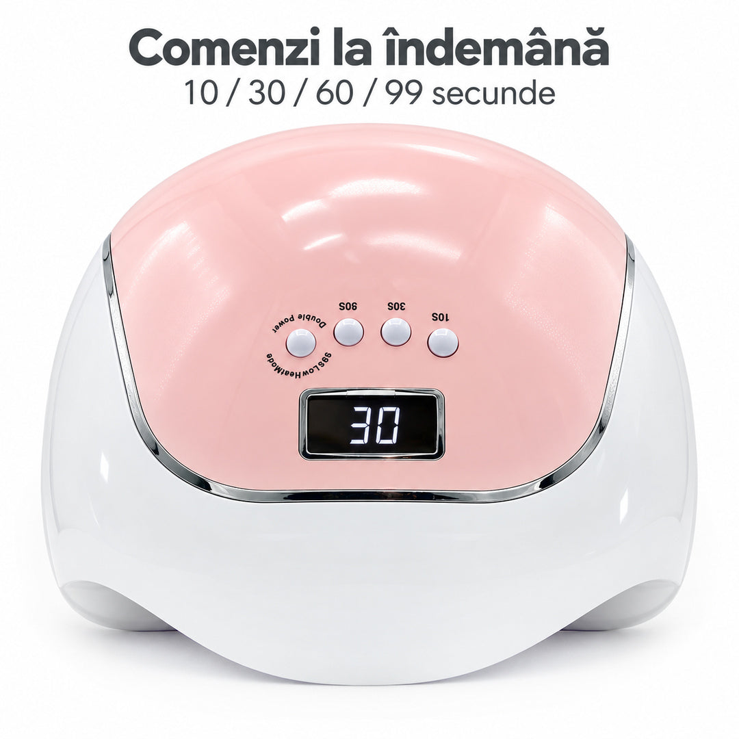 Panoul roz al lămpii UV LED BQ V5, cu afișaj digital încadrat de o ramă cromată și patru butoane pentru temporizările de 10, 30, 60 și 99 de secunde, explicate în limba română.