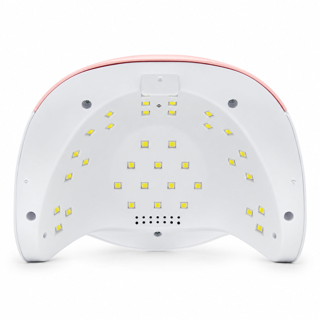 Interiorul lămpii UV LED pentru unghii BQ V5, văzut fără bază, cu LED-uri distribuite pe plafon și pe laterale, senzori și orificii de ventilație în carcasa albă.