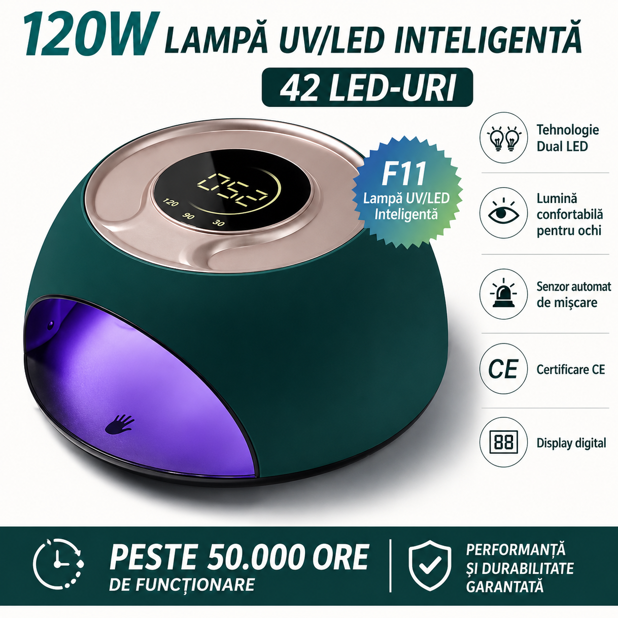 Lampa UV LED SUN F11 pentru gel si oja semipermanenta, 120W, 42 LED-uri