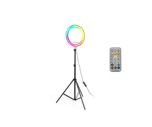 Ring Light LED RGB cu telecomanda, Lampa circulara color 26cm, trepied 210cm | LJJ 26