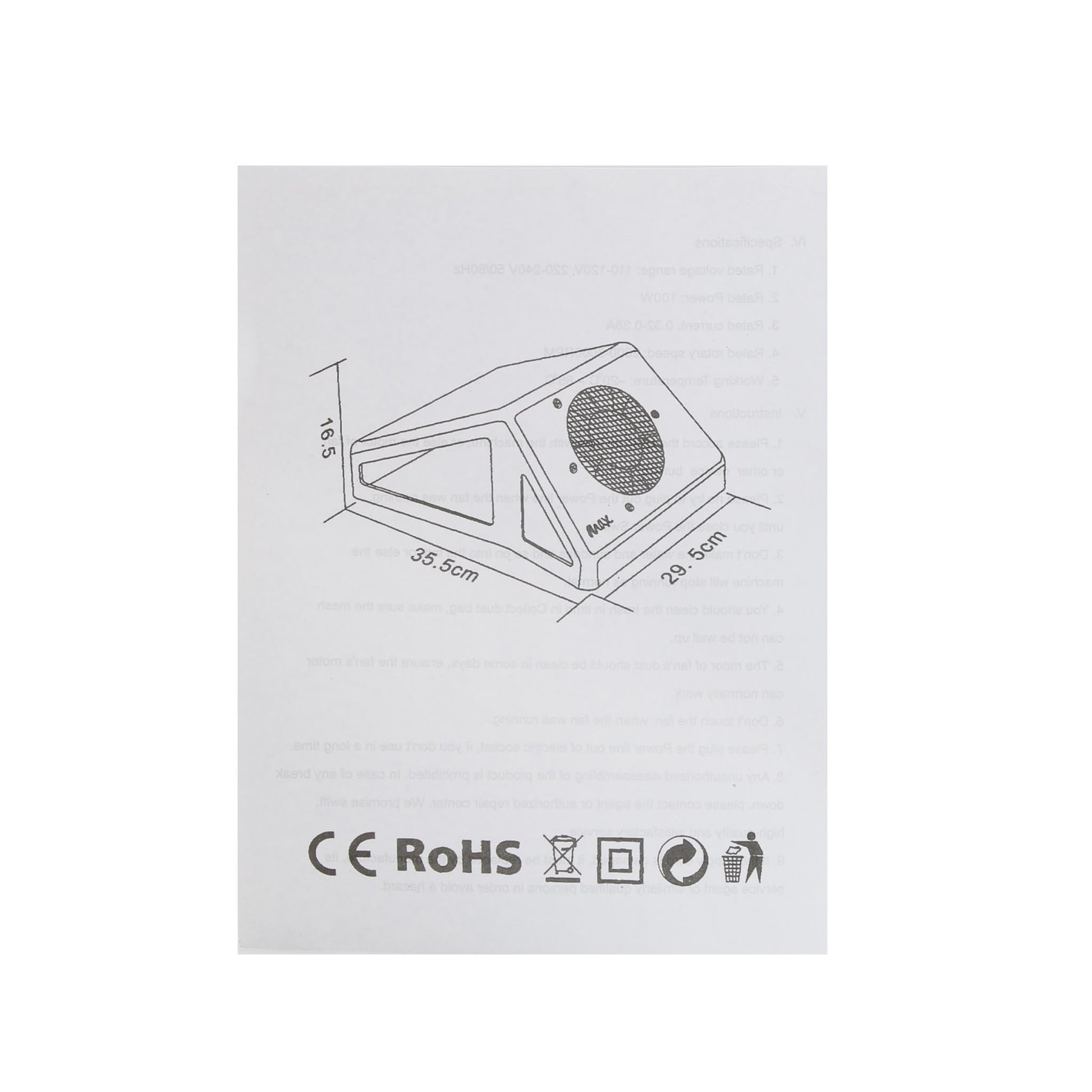Carticica si fisa cu manualul de instructiuni de utilizare si Specificatii tehnice pentru aspiratorul MAX 100W.