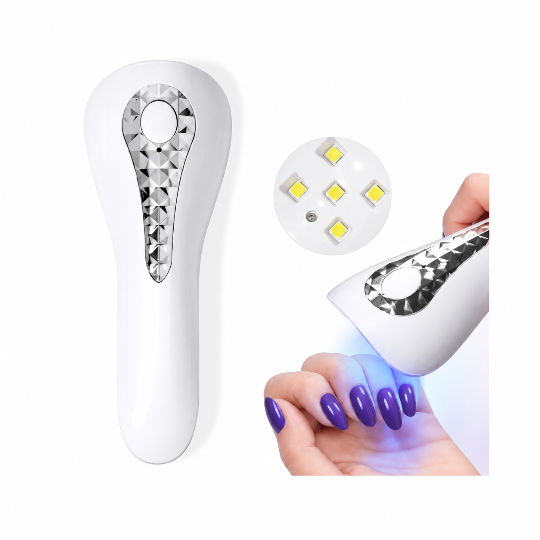 Mini lampă UV LED 18W portabilă cu acumulator, albă cu detalii argintii, prezentată în utilizare pe unghii violet, cu lumină albastră și detaliu al celor 5 LED-uri.
