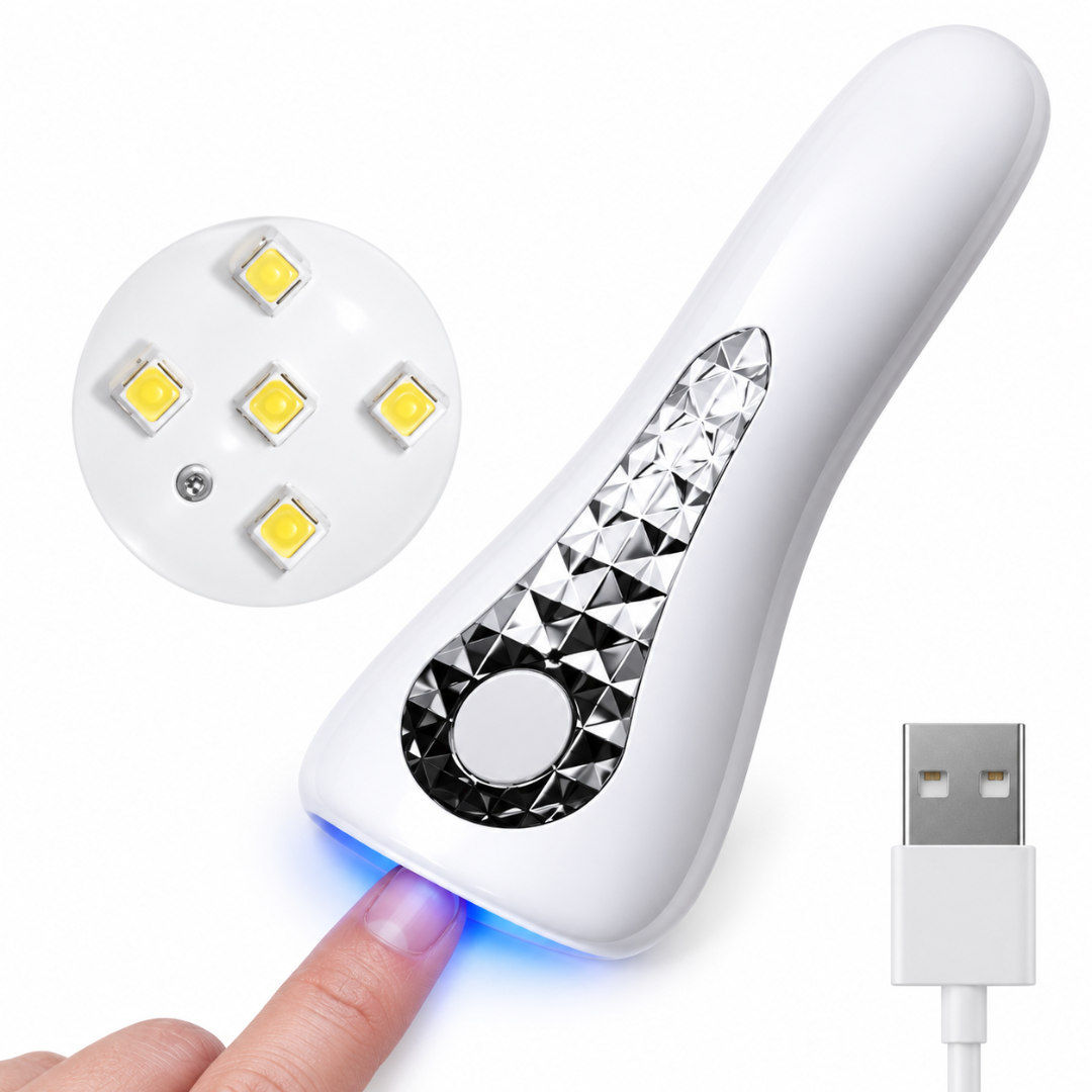 Mini lampă UV LED 18W pentru unghii, cu lumină albastră orientată spre unghie și detaliu al celor 5 LED-uri.