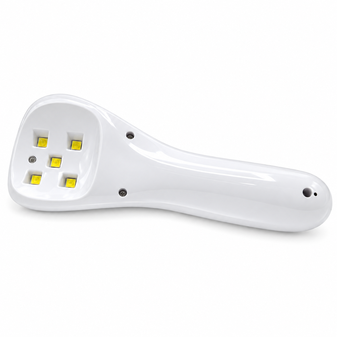 Mini lampă UV LED 18W portabilă cu acumulator, vedere inferioară cu cele 5 LED-uri și carcasa albă.
