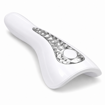 Mini lampă UV LED 18W cu acumulator, vedere din față cu buton de pornire și ornament argintiu.