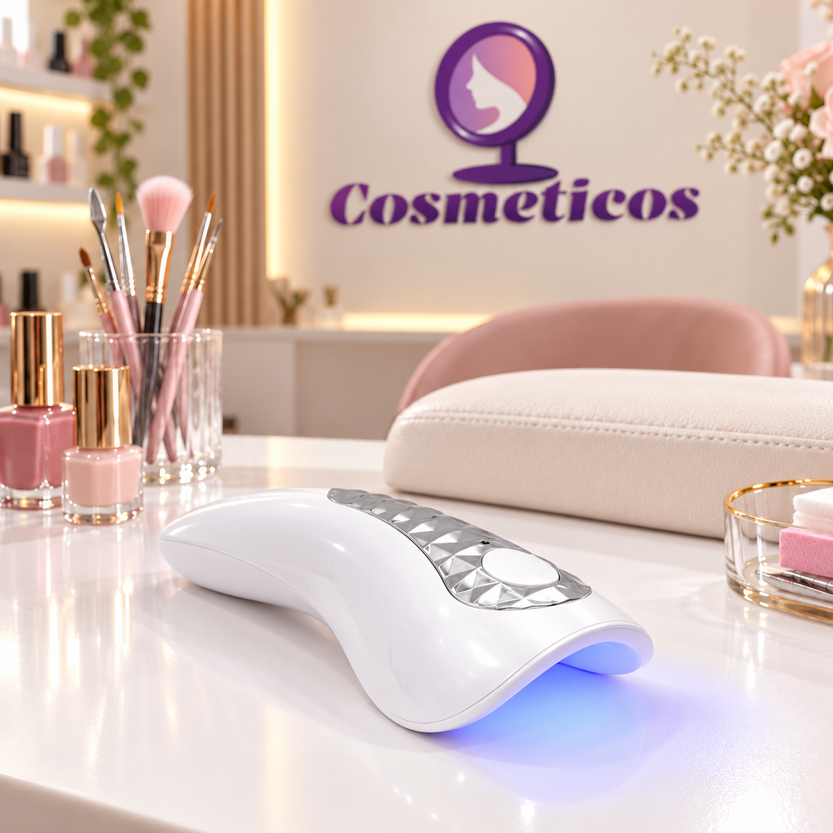 Mini lampă UV LED 18W portabilă cu acumulator, albă cu detalii argintii și un singur buton, cu lumină albastră aprinsă, pe o masă de manichiură în decor Cosmeticos.