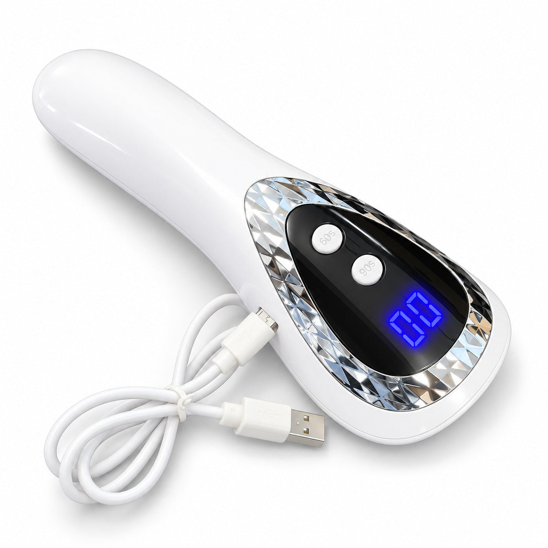 Mini lampă UV LED pentru unghii, albă, portabilă și reîncărcabilă prin USB, cu afișaj digital și timere de 60 și 90 de secunde.