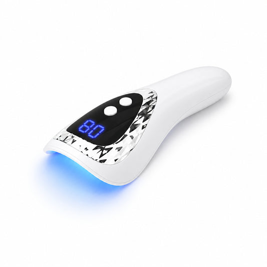 Mini lampă UV LED portabilă și reîncărcabilă pentru unghii, albă, cu afișaj digital, timere de 60 și 90 de secunde și lumină albastră.