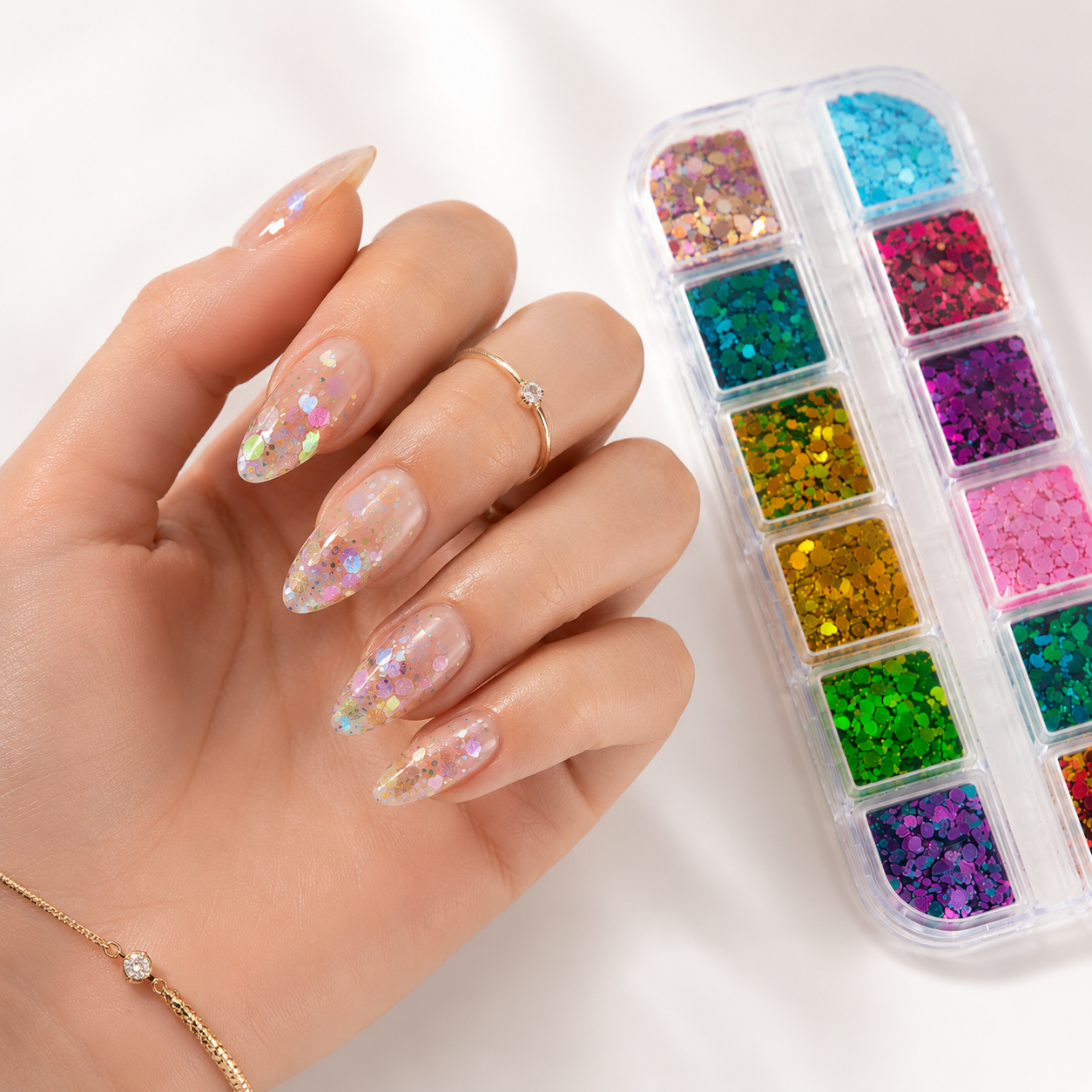 Mana unei cliente cu unghii lungi, tehnice, decorate subtil cu glitter holografic stralucitor din setul de 12 culori Rainbow Mix plasat in fundal.