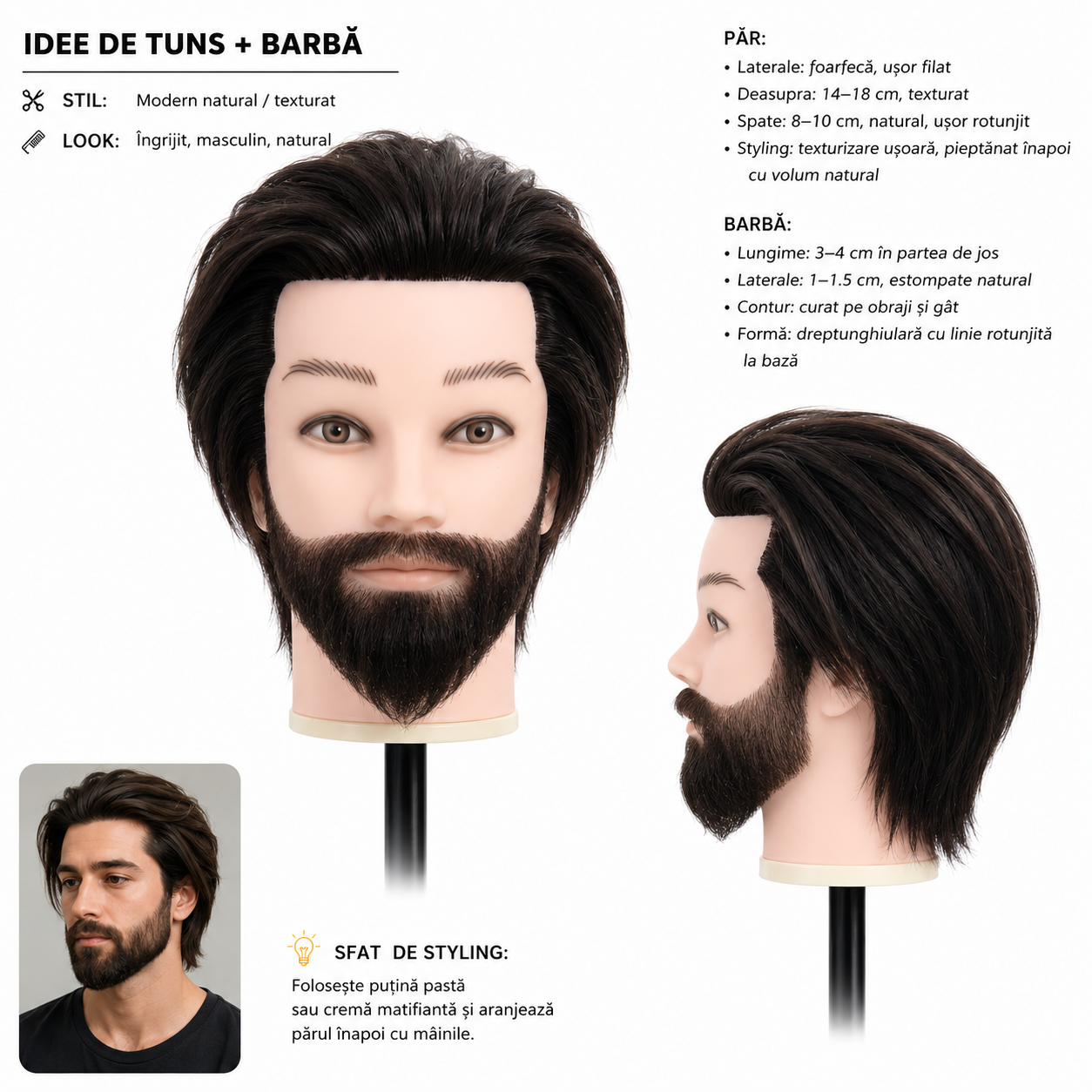 Exemplu de tunsoare masculina si stilizare a barbii realizat pe cap de practica cu par uman, destinat cursurilor de barbering si frizerie.