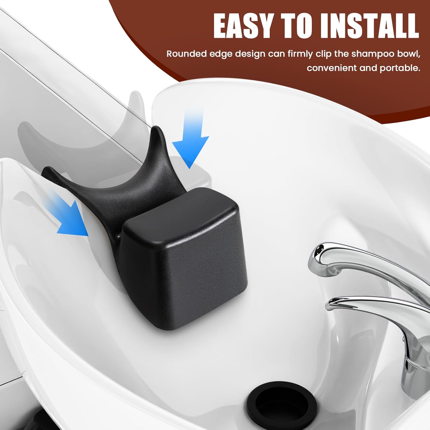 Schita explicativa cu textul easy to install ce indica directia de fixare si montare usoara a pernei de silicon pe marginea curbata a lavoarului de coafor.