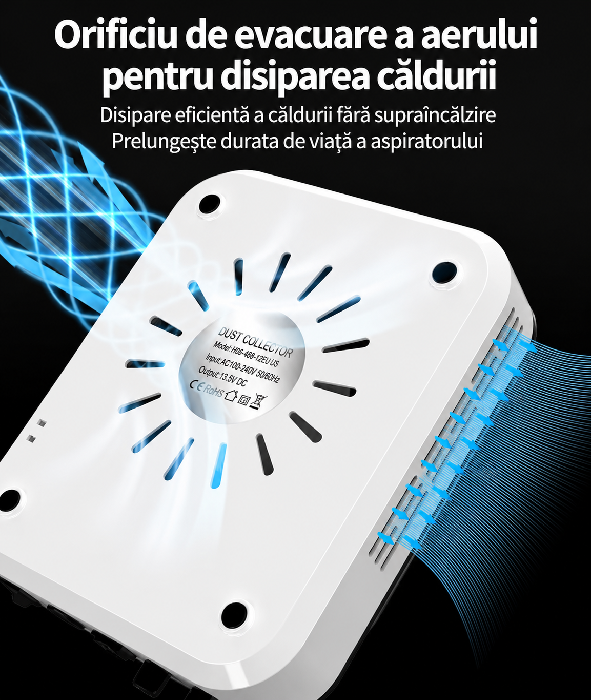 Aspirator cu Freza Manichiura 2 in 1 Blueque 858-18Plus | Set Capete Inclus intr-un infografic cu textul Orificiu de evacuare a aerului pentru disiparea caldurii, aratand fluxul de aer albastru prin partile laterale.