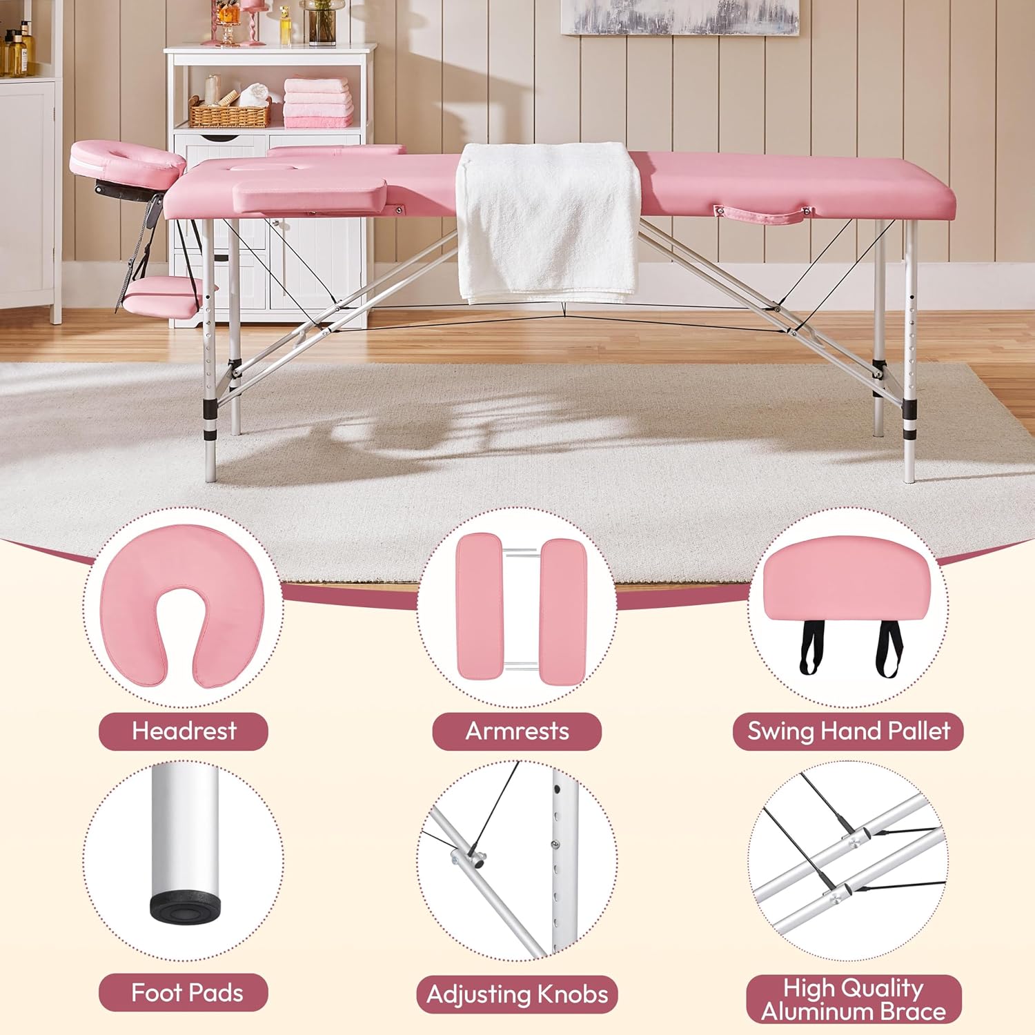 Prezentare grafica a patului roz aranjat intr-un decor de salon si pictograme cu accesoriile detasabile incluse precum suportul de cap si cotierele.