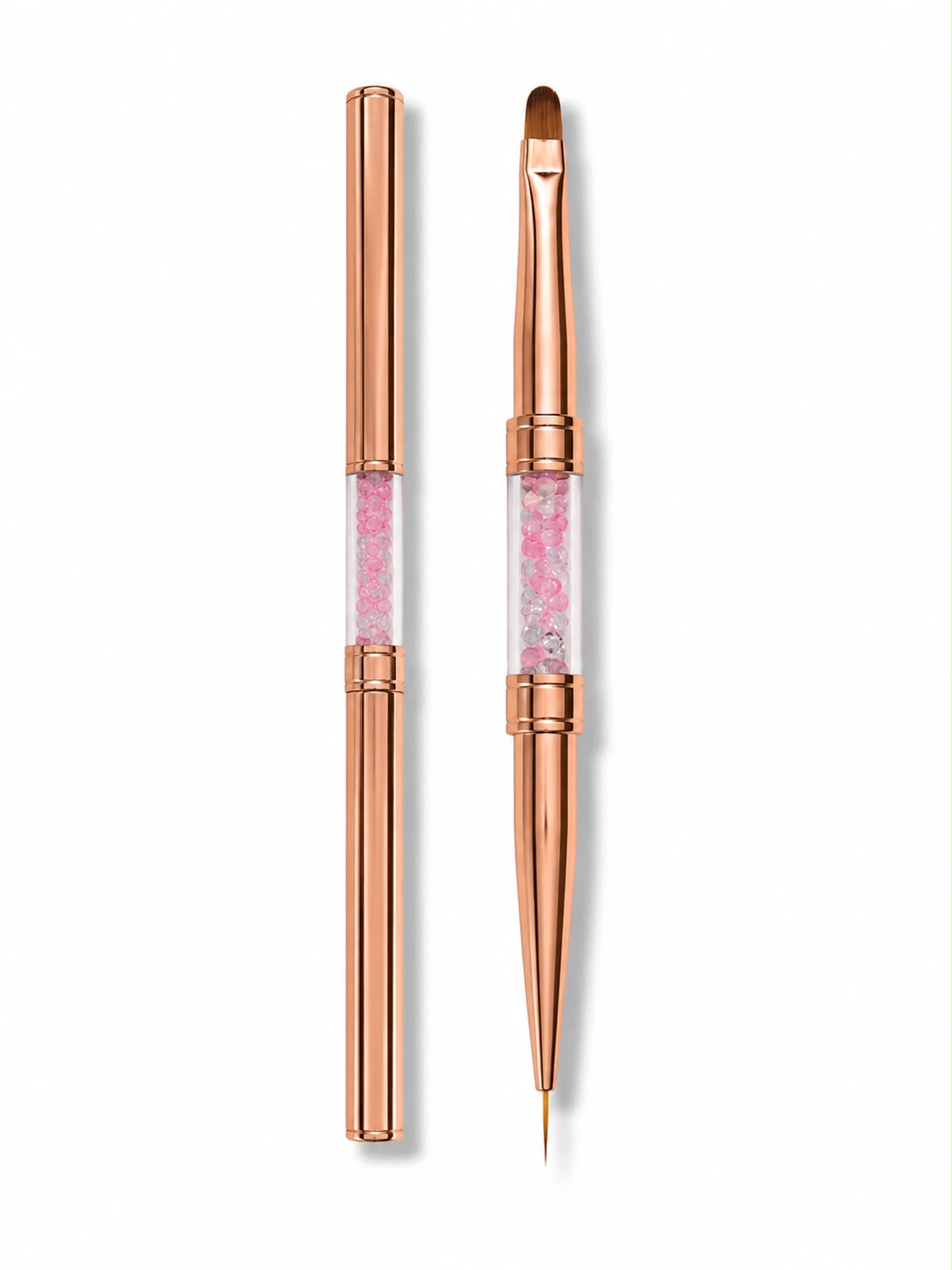 Vedere de ansamblu si detalii ale capetelor pentru pensula duala unghii Cosmeticos, prezentand varful scurt de 7mm pentru nail art de precizie si varful oval pentru aplicat gel, alaturi de capacul de protectie Rose Gold.