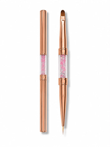 Vedere de ansamblu si detalii ale capetelor pentru pensula duala unghii Cosmeticos, prezentand varful scurt de 7mm pentru nail art de precizie si varful oval pentru aplicat gel, alaturi de capacul de protectie Rose Gold.