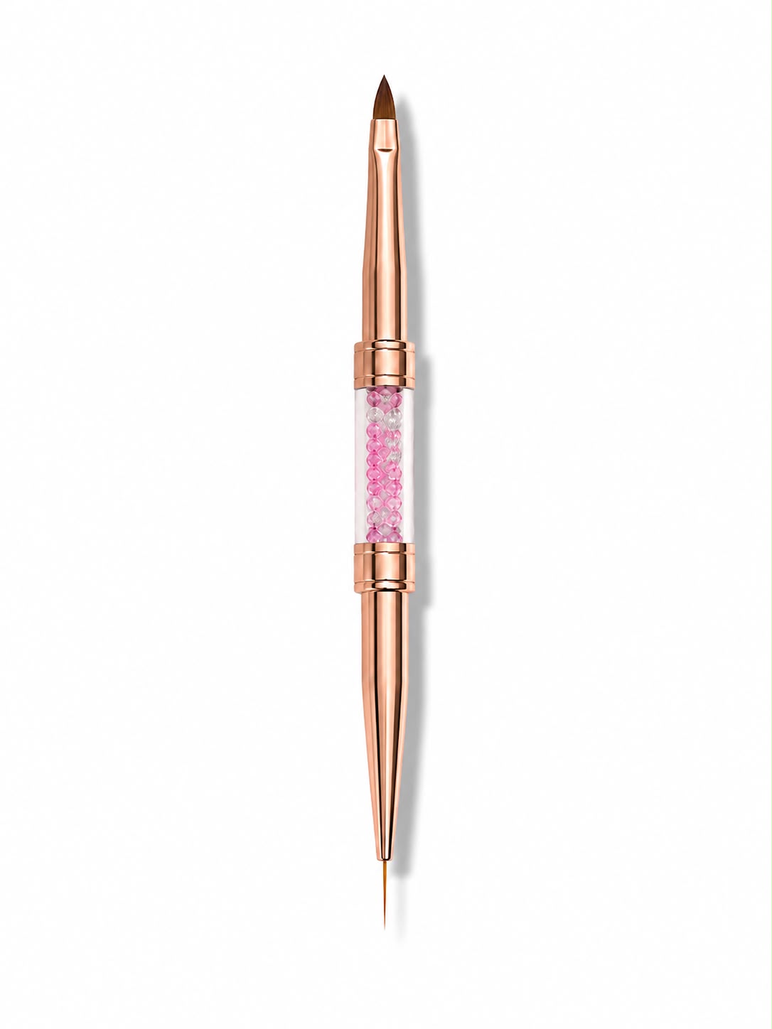 Pensula profesionala dubla pentru unghii de la Cosmeticos, finisaj de lux Rose Gold cu cristale roz. Dotata cu un capat lung Liner de 11mm pentru linii perfect drepte si un capat rotunjit Limba de Pisica (Oval) pentru aplicarea si modelarea fina a gelului de constructie.