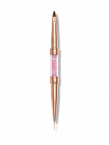 Pensula profesionala dubla pentru unghii de la Cosmeticos, finisaj de lux Rose Gold cu cristale roz. Dotata cu un capat lung Liner de 11mm pentru linii perfect drepte si un capat rotunjit Limba de Pisica (Oval) pentru aplicarea si modelarea fina a gelului de constructie.
