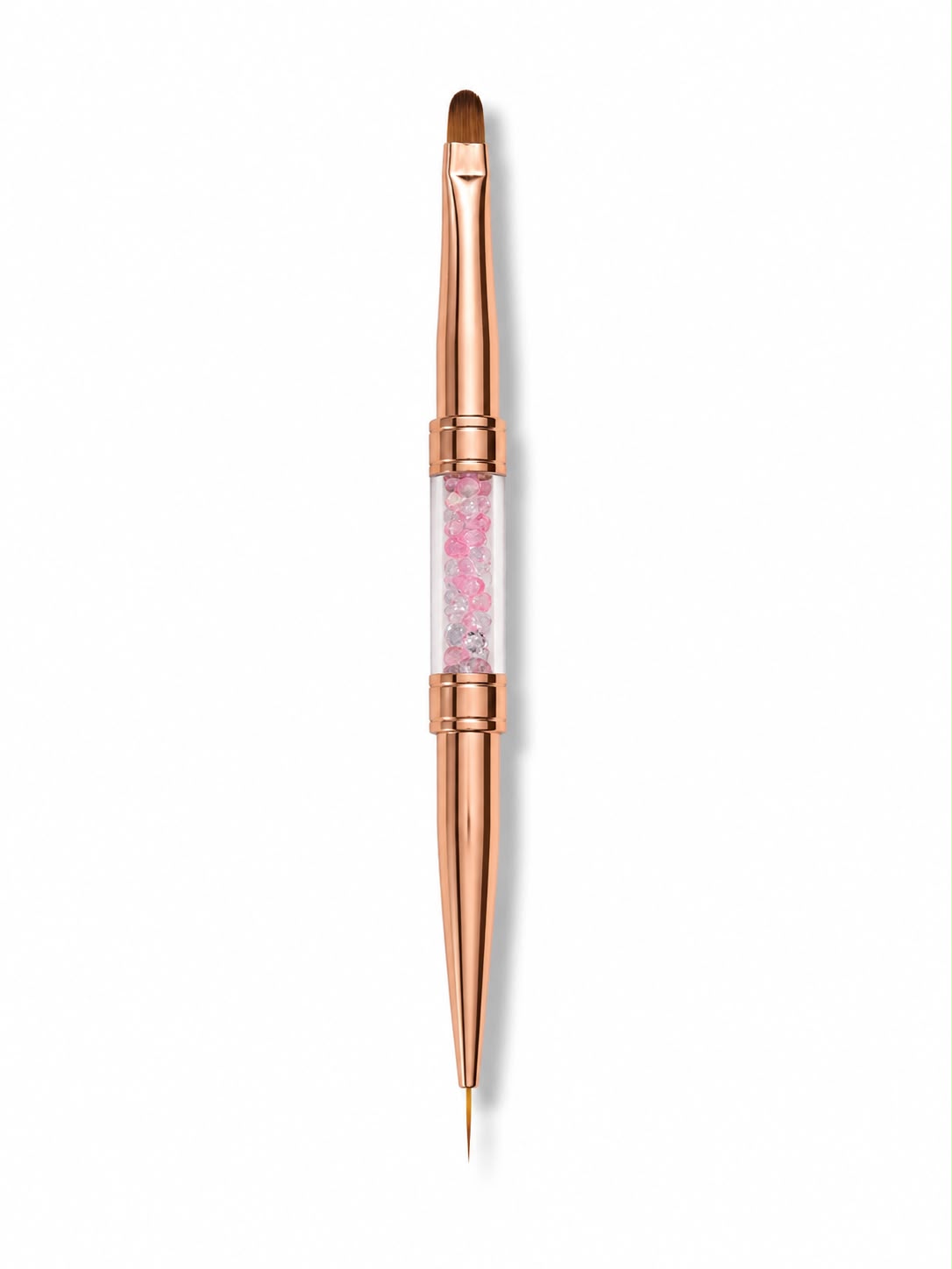 Pensula unghii profesionala dubla Cosmeticos cu maner Rose Gold si strasuri roz. Dispune de un capat subtire Liner de 7mm pentru detalii si un capat rotunjit limba de pisica pentru constructie gel.