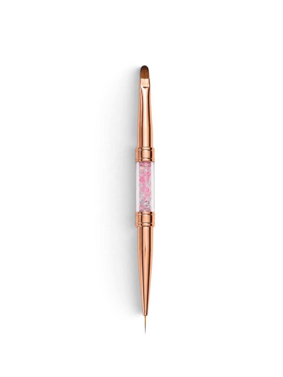 Pensula unghii profesionala dubla Cosmeticos cu maner Rose Gold si strasuri roz. Dispune de un capat subtire Liner de 7mm pentru detalii si un capat rotunjit limba de pisica pentru constructie gel.