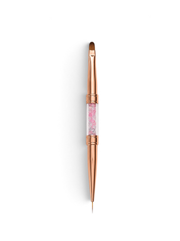 Pensula unghii profesionala dubla Cosmeticos cu maner Rose Gold si strasuri roz. Dispune de un capat subtire Liner de 7mm pentru detalii si un capat rotunjit limba de pisica pentru constructie gel.