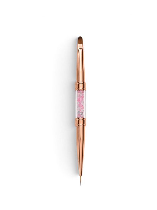 Pensula unghii profesionala dubla Cosmeticos cu maner Rose Gold si strasuri roz. Dispune de un capat subtire Liner de 7mm pentru detalii si un capat rotunjit limba de pisica pentru constructie gel.