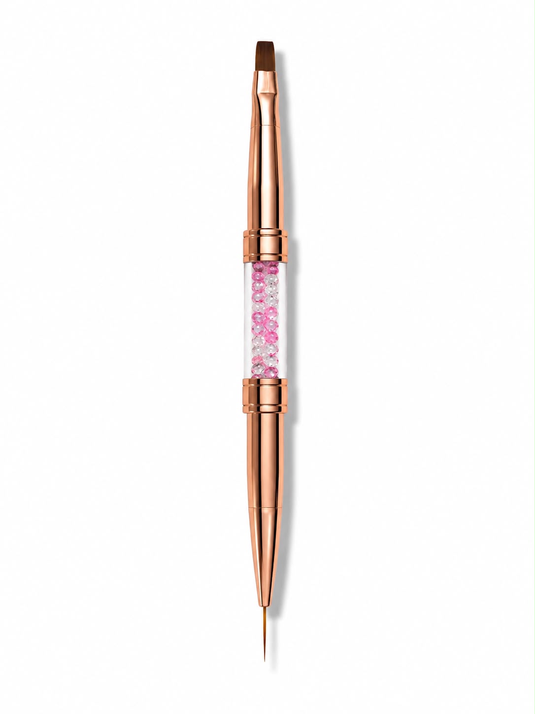 Pensula profesionala dubla pentru unghii, marca Cosmeticos, cu maner Rose Gold si cristale roz. Include un capat subtire Liner de 9mm pentru pictura si un capat plat Drept pentru constructie cu gel sau acril.
