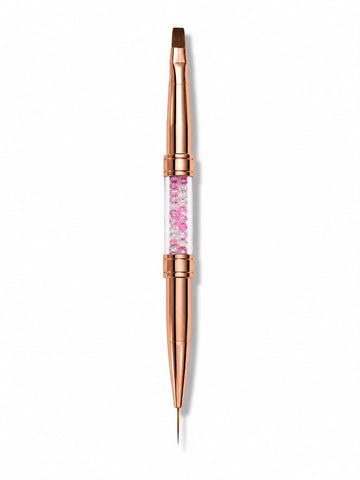Pensula profesionala dubla pentru unghii, marca Cosmeticos, cu maner Rose Gold si cristale roz. Include un capat subtire Liner de 9mm pentru pictura si un capat plat Drept pentru constructie cu gel sau acril.